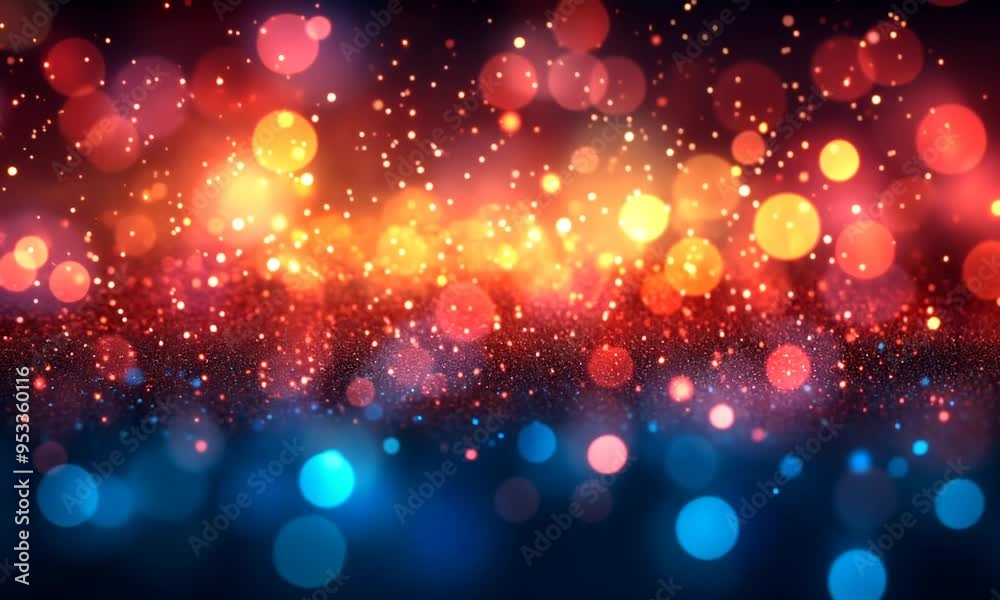 Abstract festive background with bokeh lights and glitter in red, yellow and blue. Abstract festive background with bokeh lights and glitter in red, yellow and blue.