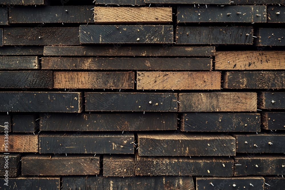 Stacked Wooden Planks with Nails and Visible Grain Stacked Wooden Planks with Nails and Visible Grain