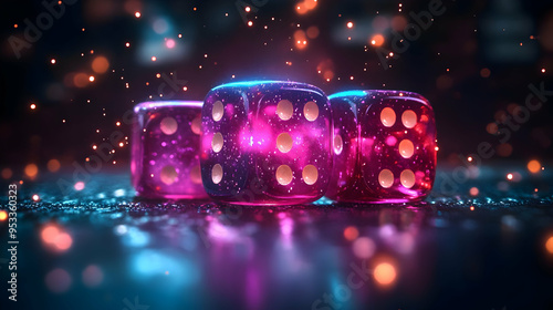 Three pink dice with glowin...