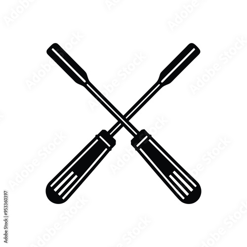 A set of steel work tools includes a screwdriver with a black and red handle and a set of isolated metal screwdriver bits
