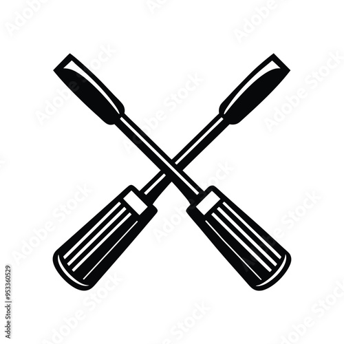 A set of steel work tools includes a screwdriver with a black and red handle and a set of isolated metal screwdriver bits