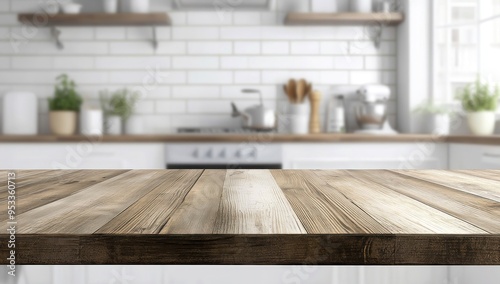 Comptoir en bois de couleur marron clair sur un fond intérieur d'une cuisine moderne, arrière-plan flou, concept pour la présentation de nourriture ou de produits.