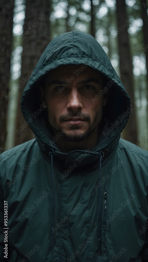 A man wearing a hooded jacket amidst a forest. A man wearing a hooded jacket amidst a forest.