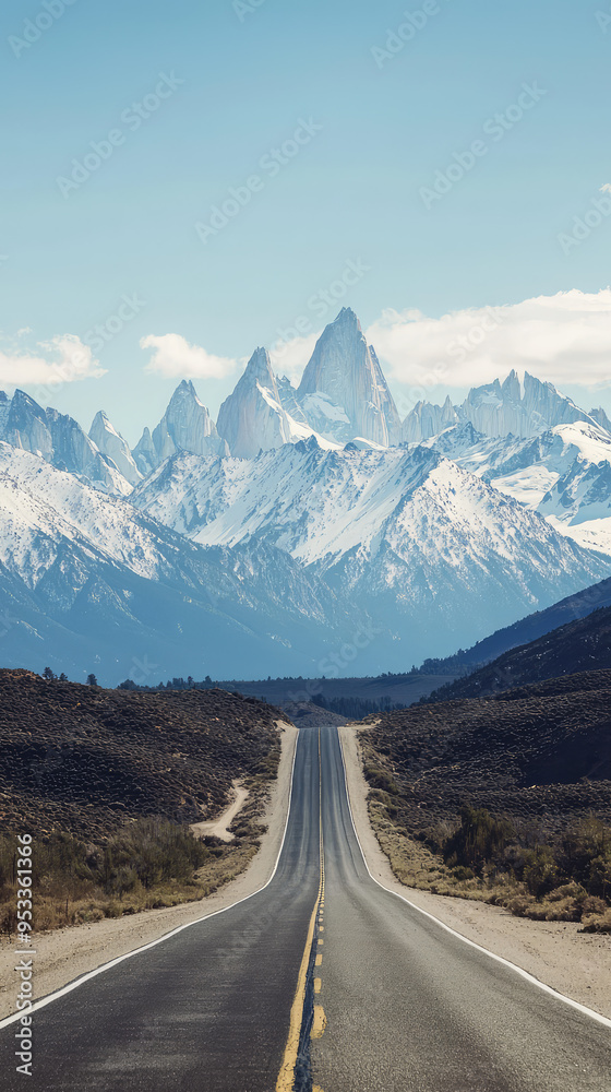 A winding road stretches towards a majestic mountain range, its snow-capped peaks piercing the azure sky. A winding road stretches towards a majestic mountain range, its snow-capped peaks piercing the azure sky.