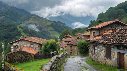 Stone Houses Nestled in a Misty Mountain Valley