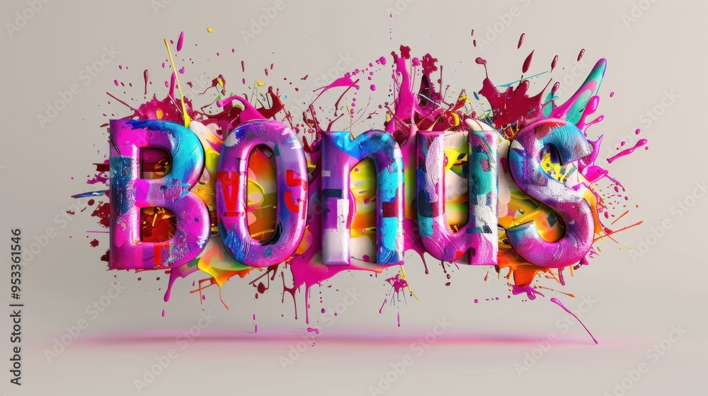 Colorful volumetric letters BONUS with paint splashes on light background Colorful volumetric letters BONUS with paint splashes on light background