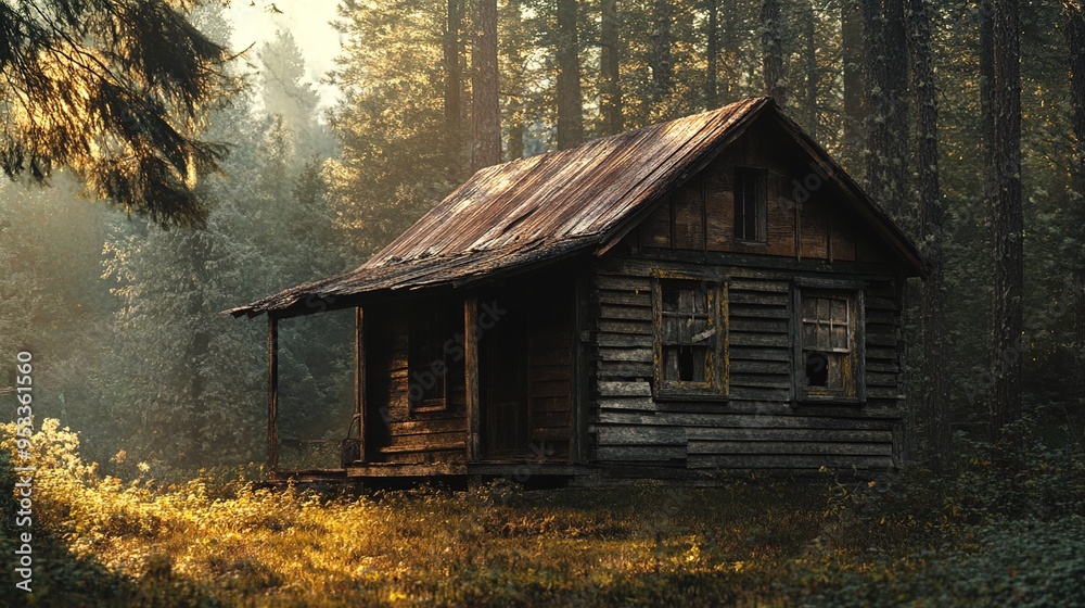 An old, rustic wooden cabin stands alone in a dense forest. The cabin exhibits weathered wood and a corrugated metal roof, showing signs of age and neglect, with broken windows. Surrounding it are tal An old, rustic wooden cabin stands alone in a dense forest. The cabin exhibits weathered wood and a corrugated metal roof, showing signs of age and neglect, with broken windows. Surrounding it are tal