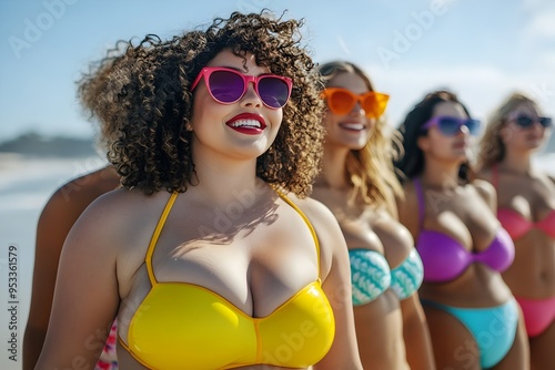 Diverse Plus Size Women Celebrating Body Positivity at the Beach in Vibrant Swimwear photo