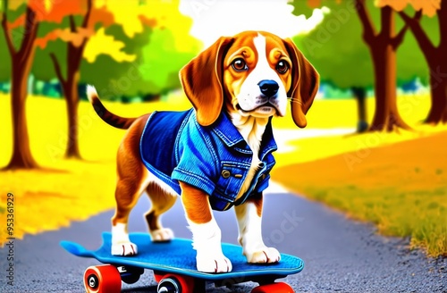 Cute funny tricolor beagle puppy in a denim vest stands on a skateboard on the path in the autumn park photo