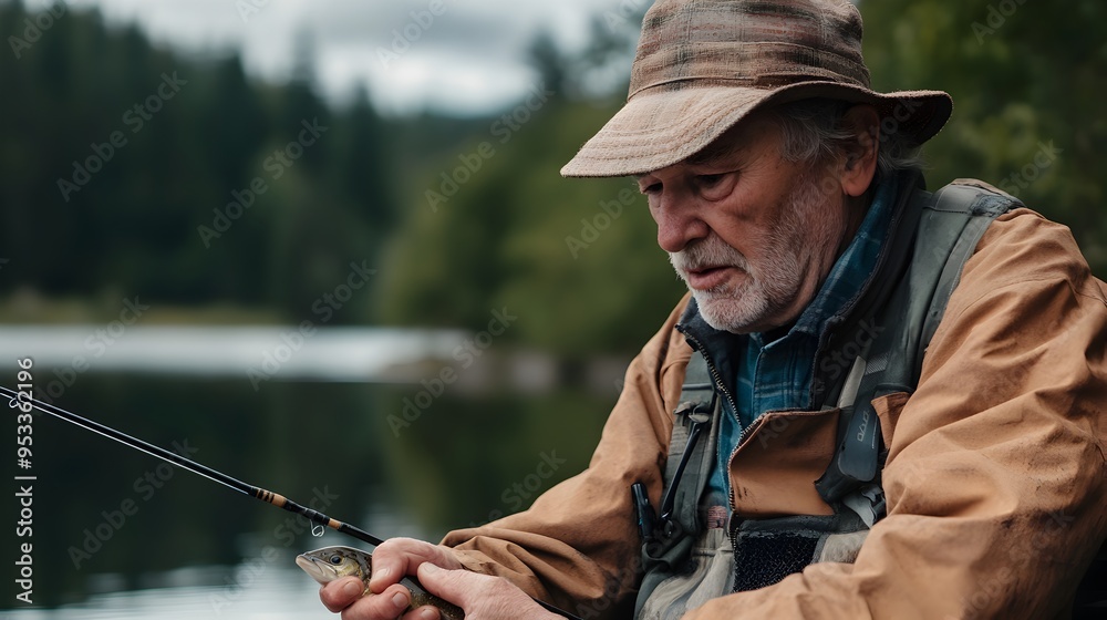 Retired Senior Man Enjoying Fishing Outdoor Adventure in Serene Lake Landscape Retired Senior Man Enjoying Fishing Outdoor Adventure in Serene Lake Landscape