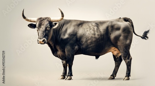 muscular bull standing confidently against a plain background,