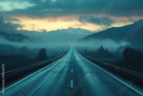 Empty asphalt highway road leading to misty mountains at dawn photo