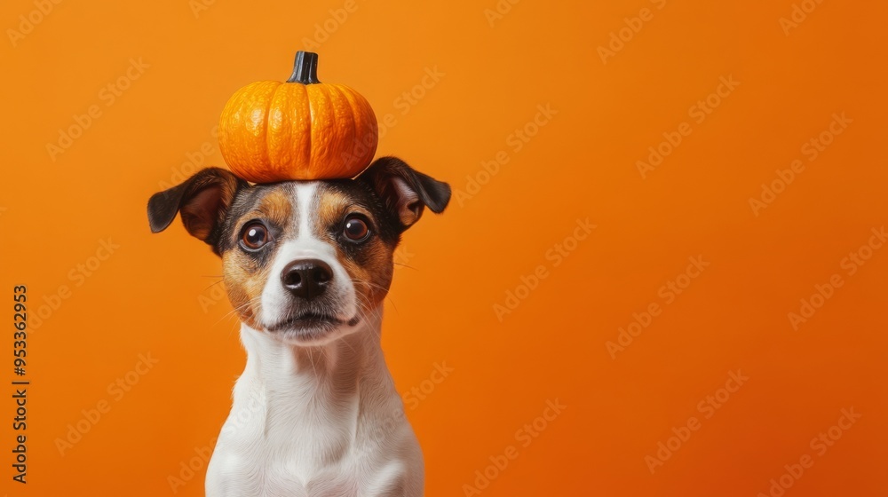 Halloween dog costume. Banner with copy space for text. Cute puppy wearing funny homemade full body bat costume in front of orange background Halloween dog costume. Banner with copy space for text. Cute puppy wearing funny homemade full body bat costume in front of orange background