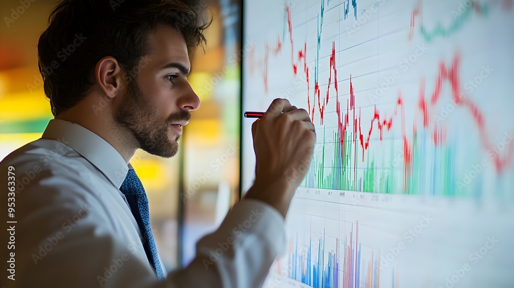 Businessman Analyzing Financial Data and Charts on Whiteboard Businessman Analyzing Financial Data and Charts on Whiteboard