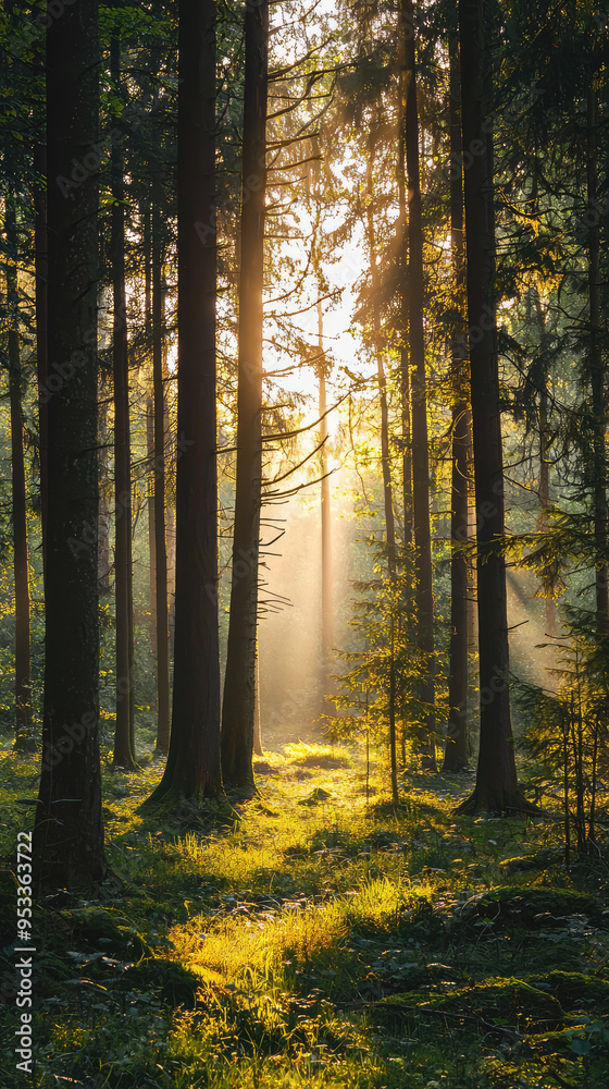 Golden Rays Pierce Through a Tranquil Forest, Bathing the Lush Undergrowth in a Warm Glow.