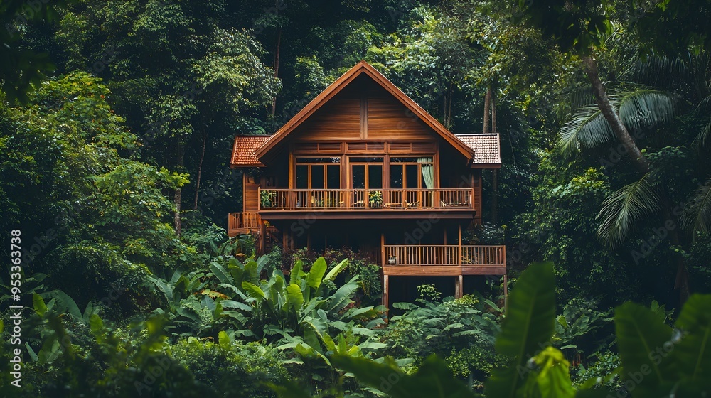 Cozy Wooden Cabin Nestled in Lush Tropical Jungle Landscape Cozy Wooden Cabin Nestled in Lush Tropical Jungle Landscape