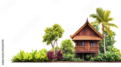 Tropical Wooden House with Palm Trees in Lush Green Garden Surrounded by Nature