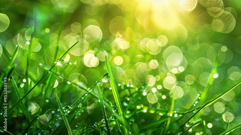 Obraz premium Stunning Picture of Dewdrop on Green Grass: A Delicate and Enchanting Natural Snapshot. Showcasing the Beauty and Serenity of Tiny Wonders.