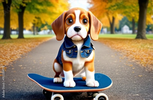 Cute funny tricolor beagle puppy in a denim vest stands on a skateboard on the path in the autumn park photo