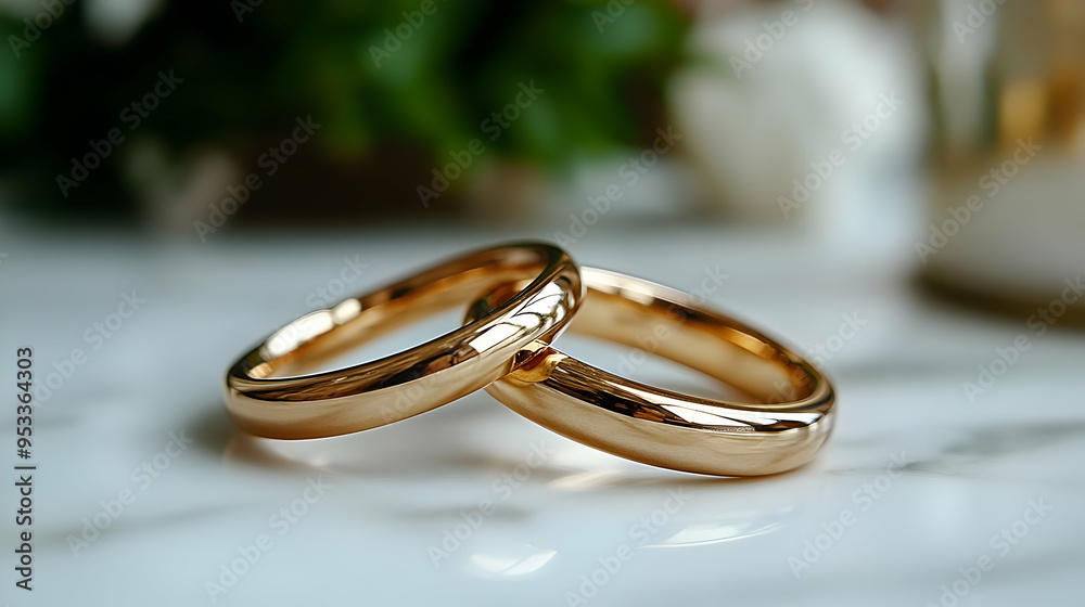 Two gold wedding bands on a white surface with blurred background. Two gold wedding bands on a white surface with blurred background.