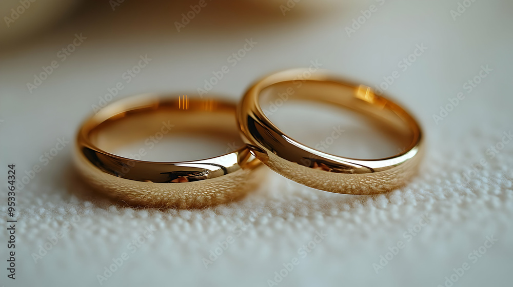 Two gold wedding bands on white background. Two gold wedding bands on white background.