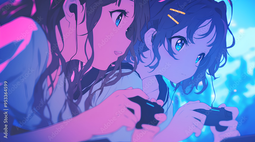 two anime girls playing video games, anime playing games with cute and happy spirit, neon background two anime girls playing video games, anime playing games with cute and happy spirit, neon background