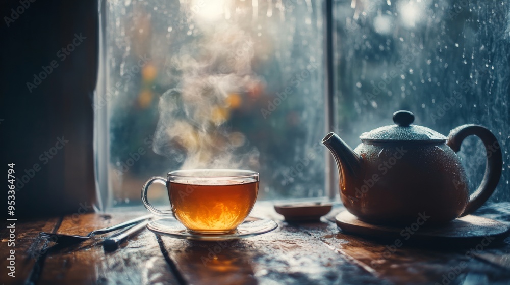 A cup of tea on a wooden windowsill against the background of an autumn rainy window. Autumn mood aesthetic. Vintage background composition A cup of tea on a wooden windowsill against the background of an autumn rainy window. Autumn mood aesthetic. Vintage background composition