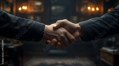 Two men shake hands in a di...