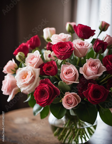 Romantic Valentine’s bouquet featuring red and pink roses expressing love and affection, perfect for a special occasion or celebration of romance in a serene garden setting. Generative AI