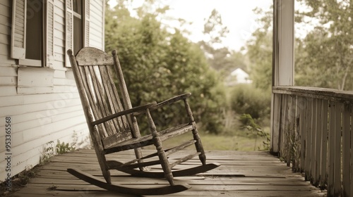 A sepia-toned image of an old, weathered wooden rocking chair sitting on a rustic, worn wooden porch. The chair is positioned slightly off-center, facing forward. The porch is part of a white, wooden 