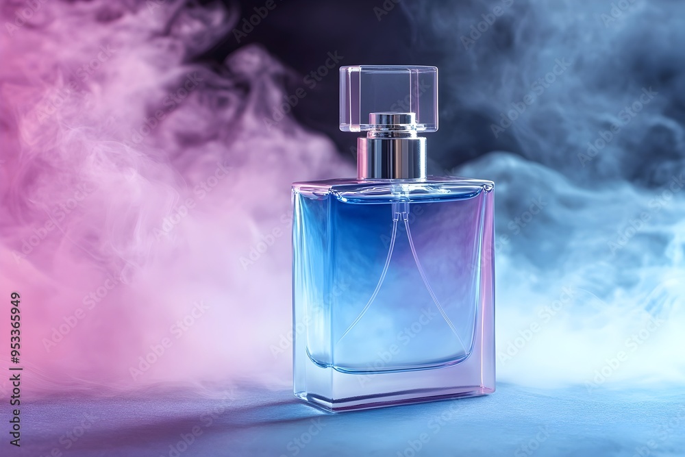 Perfume Bottle Resting on Swirling Colorful Smoke Backdrop with Alluring Glow Perfume Bottle Resting on Swirling Colorful Smoke Backdrop with Alluring Glow