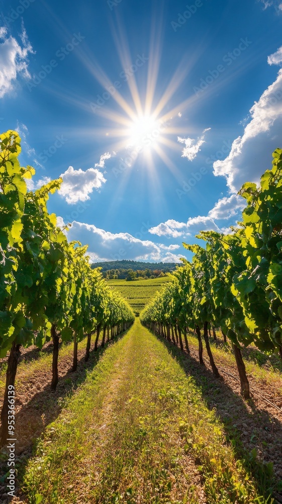 Fototapeta premium Sunlit Vineyard Landscape, a vibrant scene of lush grapevines stretching across rolling hills, bathed in golden sunlight, evoking tranquility and the promise of fine wine.