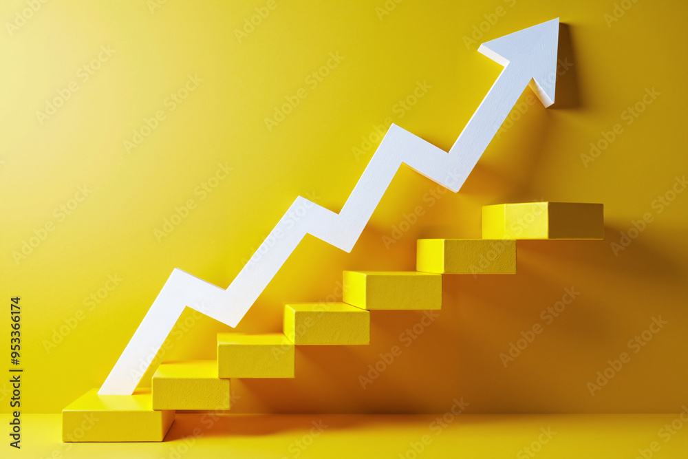 Vibrant Yellow Background with Rising Arrow on Staircase: Symbol of Growth and Success for Business Presentations Vibrant Yellow Background with Rising Arrow on Staircase: Symbol of Growth and Success for Business Presentations