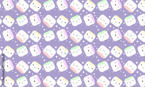 Marshmallow cute face character seamless pattern, Baby purple background, Seamless cartoon pattern