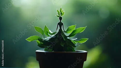 Leaves in a potted plant taking the form of a graceful woman, their edges flowing like a dress, with a crown-like shape in the center photo