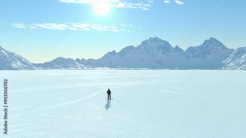 Solo Skier in Snowy Mountains with Clear Sky Solo Skier in Snowy Mountains with Clear Sky