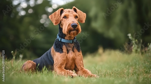 Airedale terrier in natural setting: majestic canine portrait in lush green park