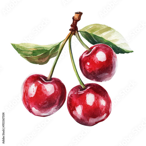 A delicate watercolor representation of red cherries with lush green leaves set against a clean PNG backdrop, cherries in drawing on transparent background