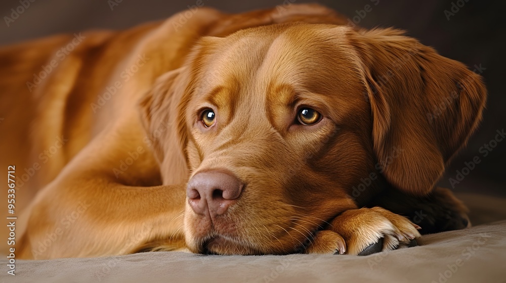 Gentle golden retriever resting calmly indoors on a soft couch Gentle golden retriever resting calmly indoors on a soft couch