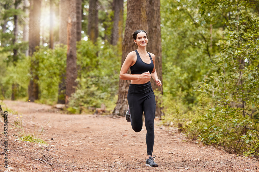 Fitness, smile and portrait of happy woman for cardio, exercise and running or outdoor marathon training. Girl, athlete and workout for health, wellness and forest trail for fresh air in park Fitness, smile and portrait of happy woman for cardio, exercise and running or outdoor marathon training. Girl, athlete and workout for health, wellness and forest trail for fresh air in park