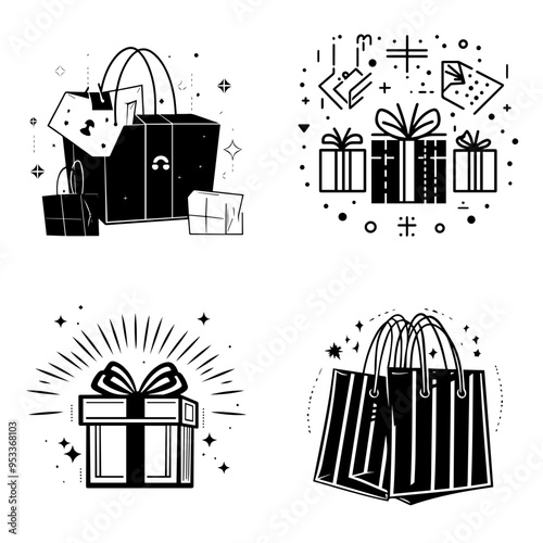 Black Friday Sale Gift Bags, Presents & Shopping Spree Illustrations