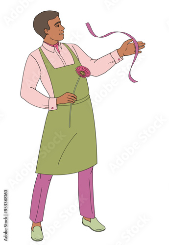 florist African American male character, man in apron with ribbon and gerbera flower