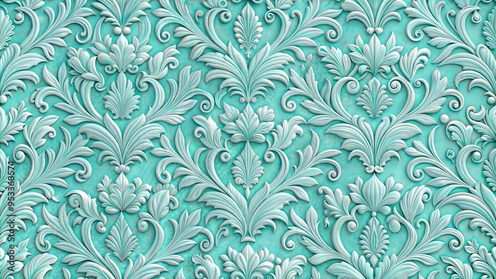 Aquamarine seamless texture with ornate floral patterns for interior design Aquamarine seamless texture with ornate floral patterns for interior design