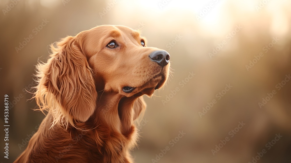 Golden retriever gazing in the warm glow of sunset: a serene moment of canine elegance Golden retriever gazing in the warm glow of sunset: a serene moment of canine elegance