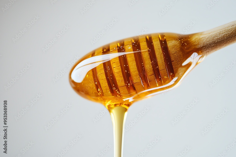Golden honey dripping from a wooden dipper. Golden honey dripping from a wooden dipper.