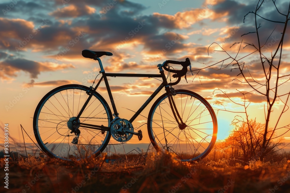 A single bike parked in a field with the setting sun in the background A single bike parked in a field with the setting sun in the background