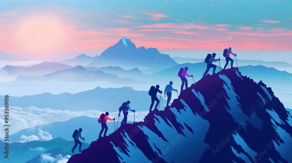 Mountain Climbers Reaching the Summit at Sunrise Mountain Climbers Reaching the Summit at Sunrise