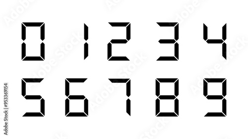 Digital numbers. Icon set. Black numbers, numerals. Calculator, scorecard, scoreboard, clock, stopwatch, electronic meter. Vector illustration.