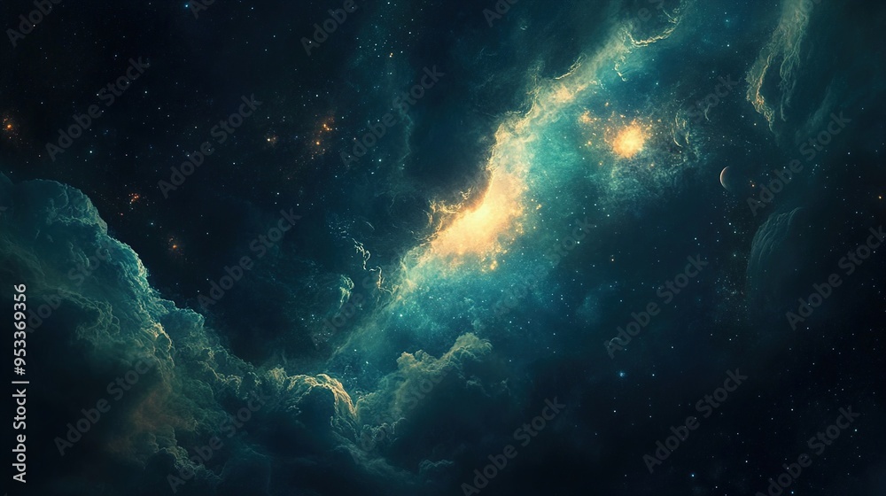 A stunning depiction of the cosmos, featuring expansive interstellar clouds with swirling formations in a myriad of dark blues and greens, bathed in shimmering light from brilliant stars. The backdrop A stunning depiction of the cosmos, featuring expansive interstellar clouds with swirling formations in a myriad of dark blues and greens, bathed in shimmering light from brilliant stars. The backdrop
