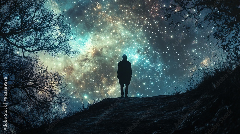 The image features a silhouette of a person standing on a hilltop, gazing at an expansive, star-filled night sky. The sky is vividly illuminated with a multitude of stars, nebulae, and cosmic dust, cr The image features a silhouette of a person standing on a hilltop, gazing at an expansive, star-filled night sky. The sky is vividly illuminated with a multitude of stars, nebulae, and cosmic dust, cr